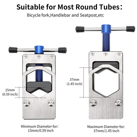 Bike Saw Guide For Road And Mountain Bikes Pro Grade Adjustable Aluminum Alloy Cutter diagram showing tube compatibility.