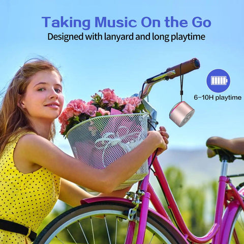 Woman with pink bicycle and roses using Tiny But Mighty Grab And Go Metal Bluetooth Speaker With Lights And Lanyard 5W Mini Wireless