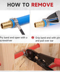 Instructional image showing how to remove a clamp with DIY Ready PEX Pipe Clamp Cinching Tool Kit For Stainless Steel Clamps From 3 Eighths Inch To 1 Inch