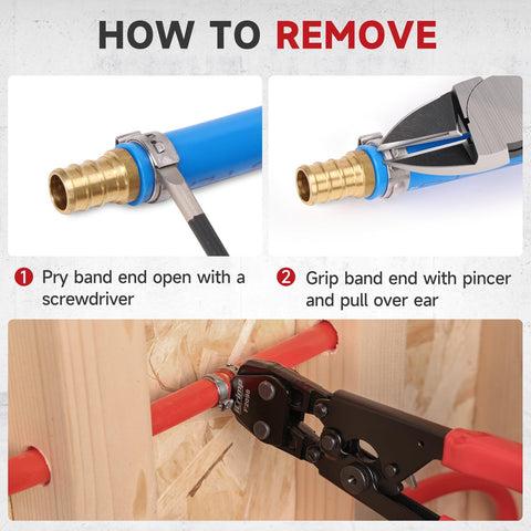 Instructional image showing how to remove a clamp with DIY Ready PEX Pipe Clamp Cinching Tool Kit For Stainless Steel Clamps From 3 Eighths Inch To 1 Inch