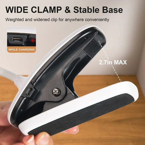 Close-up of the clamp on the Clip On LED Desk Lamp With Battery Power Cordless Bedside Light, showing 2.7-inch max opening.