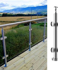 Heavy Duty Adjustable Stainless Steel Glass Railing Posts showcasing a sleek design on a wooden deck with panoramic view.