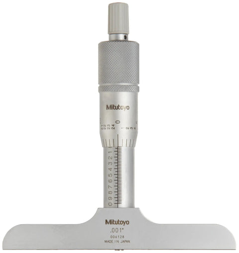 Vernier Depth Gauge Micrometer Style 0-1 Inch Range With 0.001 Inch Graduation Plus Minus 0.003mm Accuracy 4x0.63 Inch Base 0.157 Inch Rod Ratchet Stop Rod Clamp Satin Chrome Thimble For Easy Reading, Mitutoyo style