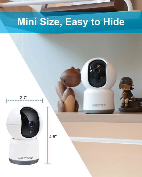 4MP Wireless Indoor Security Camera For Busy Homes With 355 Degree Pan And 90 Degree Tilt showing mini size and dimensions.