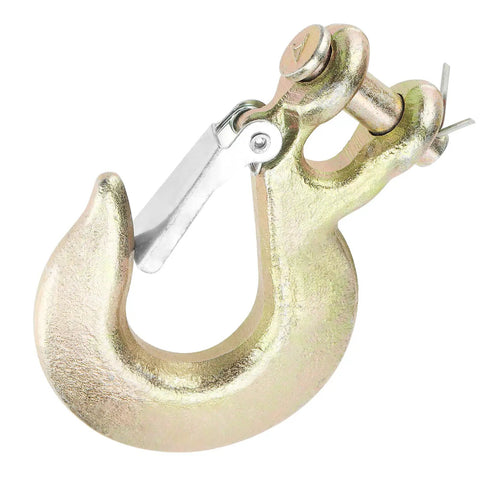 2 Pack 1/2 Inch G70 Forged Steel Clevis Grab Hook With Safety Latch close-up view, showcasing zinc plated material and secure latch.