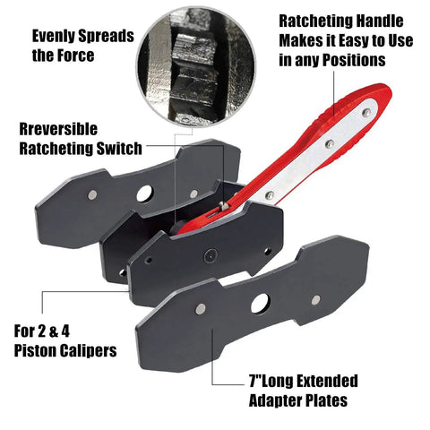 Brake Caliper Press Tool Set With 360 Degree Swing Ratchet Expander For Disc Brakes showing reversible ratchet and adapter plates