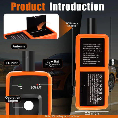 Solid El50448 TPMS Relearn Tool For GM Trucks And Cars, 6x2.2 inch, orange, features operation button and antenna.