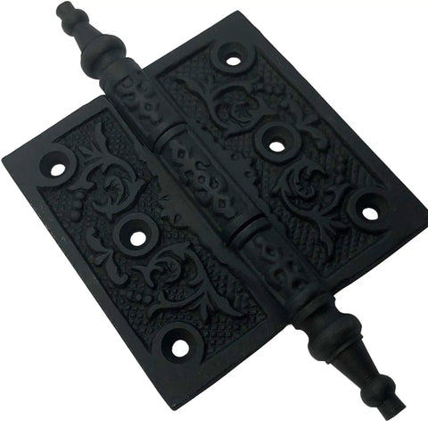 Close-up of 2 Pack Victorian Steeple Tip Ornate Hinges For Cabinets And Doors Heavy Duty Cast Wrought Iron With Hammered Finish