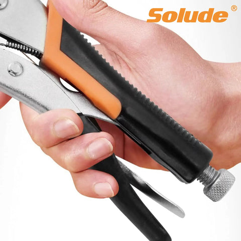 Hand holding 6 Inch C Clamp Locking Pliers Heavy Duty Vise Grip Welding Clamp With Swivel Pads For Woodworking Home Metalworking Auto Repair 4 Pack Built Tough For Quick Grabs And A Strong Bite In The Shop.