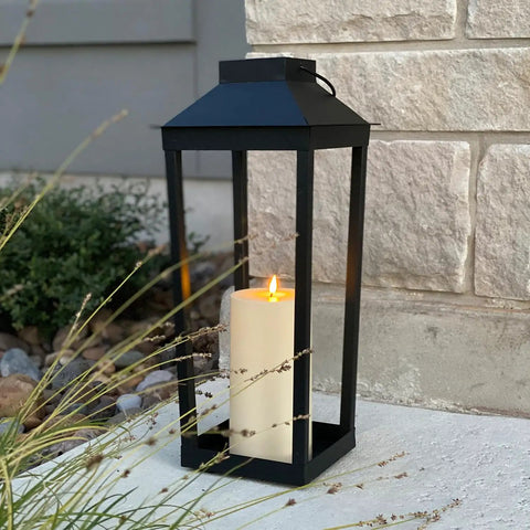 Large Outdoor Solar Powered Lantern With Open Frame No Glass Black Metal 19 Inch Tall Dusk To Dawn Timer Flickering LED Candle Lantern For Porch Patio Garden Rustic Farmhouse Vibe placed on outdoor path