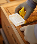 Gloved hand using Queen Marker Cage Clip for Beekeeping Plastic Queen Catcher Tool for Safe Handling on hive.
