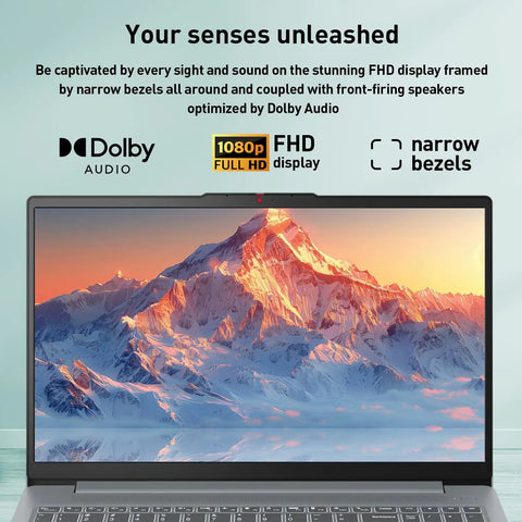 Slim Intel N150 Laptop With 15.6 Inch Fhd Display And 8Gb Ddr5 Ram showing stunning FHD display with narrow bezels and mountain scenery.