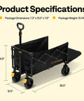 Collapsible Heavy Duty Utility Wagon With Tailgate And Cup Holders 130L Capacity 320 Lb Load All Terrain Wheels Adjustable Telescoping Handle Ideal For Camping Shopping Garden Sports And Picnics Black side view with dimensions.