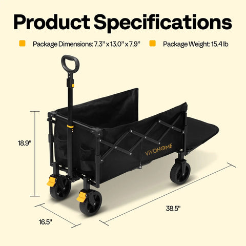 Collapsible Heavy Duty Utility Wagon With Tailgate And Cup Holders 130L Capacity 320 Lb Load All Terrain Wheels Adjustable Telescoping Handle Ideal For Camping Shopping Garden Sports And Picnics Black side view with dimensions.