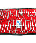 Pro-Grade Stainless Steel Dissection Kit, 157-Piece Biology Anatomy Set Featuring various premium surgical tools on red fabric.