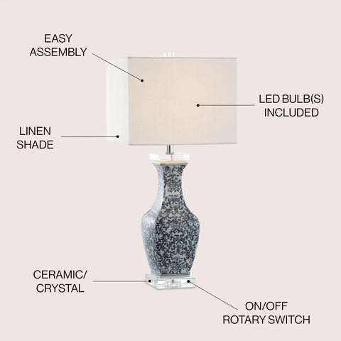 Blue And White Ceramic LED Table Lamp With Chinoiserie Hand Painted Pattern, Crystal Base And White Square Linen Shade, LED Bulb Included