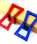 Top Shelf Aluminum Dovetail Marker Tool For Heavy Duty Woodworking Crafts And Shop Projects Slick Precision Guide in red and blue on wood.