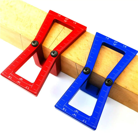 Top Shelf Aluminum Dovetail Marker Tool For Heavy Duty Woodworking Crafts And Shop Projects Slick Precision Guide in red and blue on wood.
