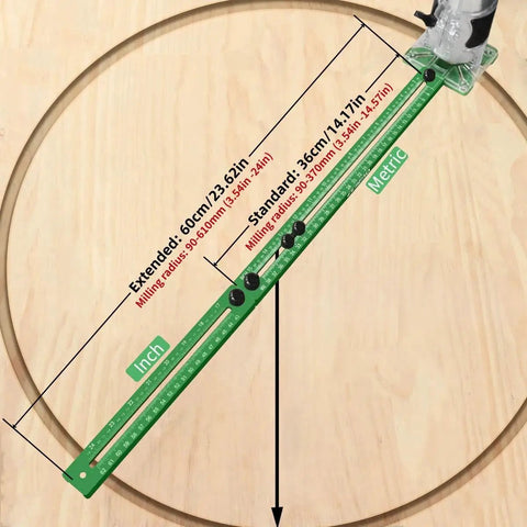 4 In 1 Router Milling Groove Bracket Pro Grade Cabinet Hardware Jig And Woodworking Cutting Tool With Adjustable Router Circle Cutting Guide For Precise Hole Drilling Base Not Included. Green metric aluminum router jig with adjustable circle guide on wood panel
