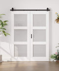 60 By 96 Inch Preassembled Three Lite Frosted Glass Bifold Barn Door With 64 Inch Track Kit, Solid Core MDF Panel Folding Door