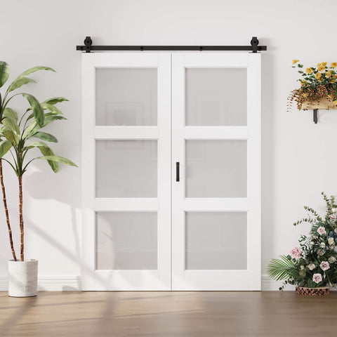 60 By 96 Inch Preassembled Three Lite Frosted Glass Bifold Barn Door With 64 Inch Track Kit, Solid Core MDF Panel Folding Door