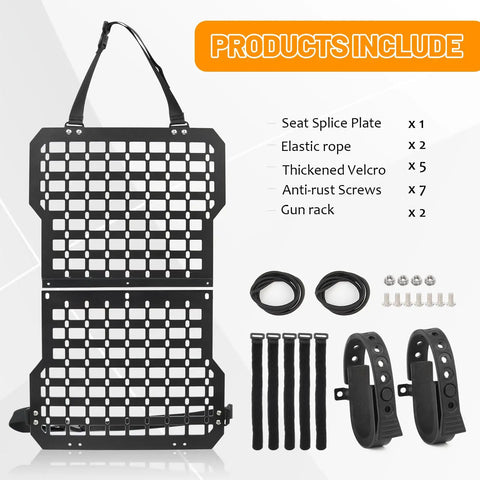 Heavy Duty Truck Gun Rack MOLLE Seat Back Organizer Gun Holder Panel for Vehicles with accessories displayed