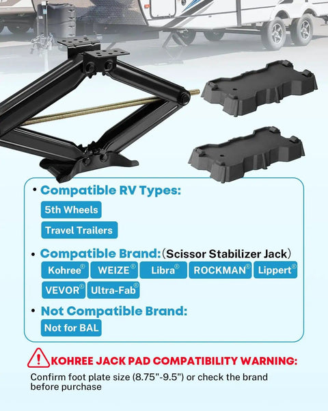 Two Pack RV Stabilizer Jack Pads for Scissor Jacks 8.75 to 9.5 Inch Base installation guide with compatibility details