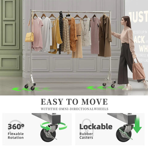 70 Inch Extra Long Garment Rack With Wheels Beefy Industrial Grade Heavy Duty Clothes Rack Chrome Finish Commercial Grade Rolling Clothes Rack Supports Up To 450 Lb displayed in a room with clothes hanging on it.
