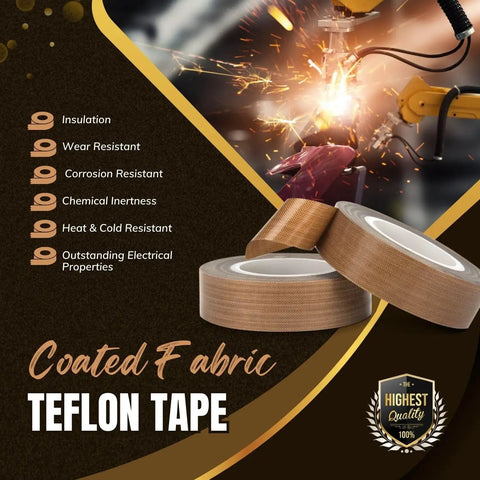 Rolls of coated fabric Teflon tape, highlighting insulation, wear resistance, and heat resistance; industrial background.