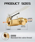 Locking Brass Tire Air Chuck With Quick Connect Adapter For Schrader Valves, 1/4 Inch NPT, showing dimensions and flow direction