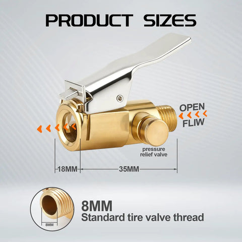 Locking Brass Tire Air Chuck With Quick Connect Adapter For Schrader Valves, 1/4 Inch NPT, showing dimensions and flow direction