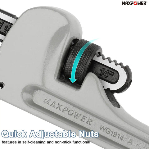 Aluminum Pipe Wrench Set For 10 Inch 14 Inch And 18 Inch Pipes With 1 Inch 2 Inch And Two And A Half Inch Jaw Capacity showing adjustable nut