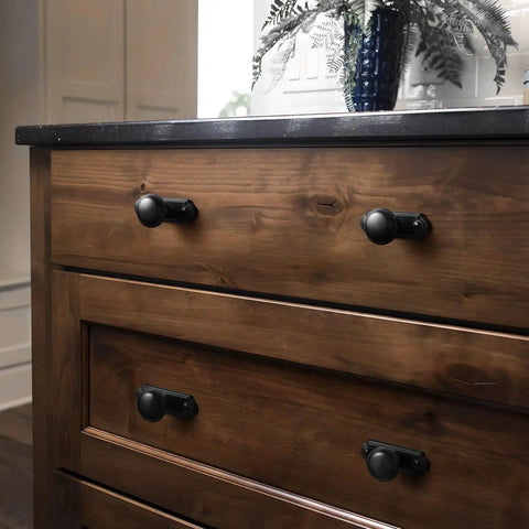 Killer 6-Pack Matte Black Cabinet Knobs With Backplates Solid Zinc Alloy Single Hole Drawer Pulls For Kitchen Cabinets And Dressers on wooden dresser.