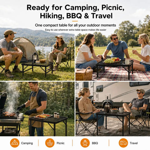 Collage of Folding Grill Table With Mesh Desktop For Camping And Outdoor Use in various outdoor settings.