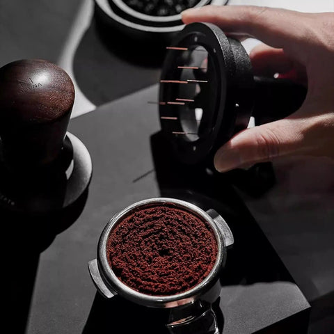 Height Adjustable 58Mm Espresso Stirrer Coffee Needle Distributor For Even Ground Spread Includes Cleanup Base nailing coffee grounds inside portafilter.