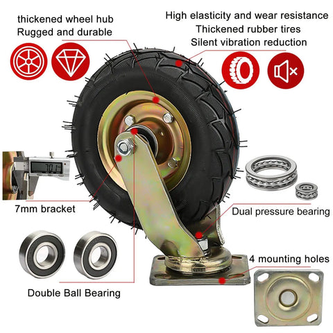 Heavy Duty Industrial Caster Wheels With Pneumatic Rubber Tires And Double Ball Bearings for 8 or 10 inch cart replacement, showcasing tire and bracket details.