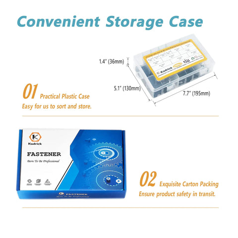 1250 Pcs M3 Screws Nuts And Washers Assortment Kit packaging with dimensions and storage case