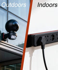 Security camera installed outdoors and power strip indoors on wall in split image