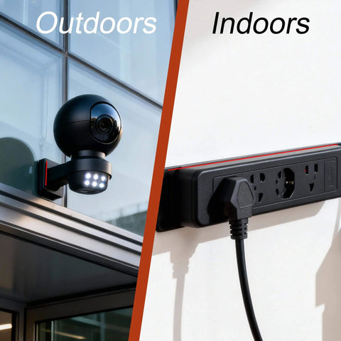 Security camera installed outdoors and power strip indoors on wall in split image
