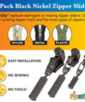 Black Nickel Zipper Repair Kit Bundle with three sizes small medium and large no sew slider replacement for all garments