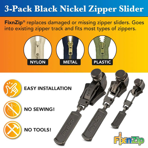 Black Nickel Zipper Repair Kit Bundle with three sizes small medium and large no sew slider replacement for all garments
