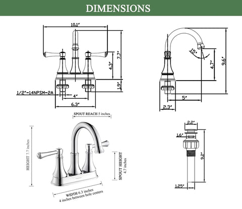 Product dimensions for Chrome 4 Inch Centerset Bathroom Faucet With Two Handles For 3 Holes And Pop Up Drain Slick High Arc Vanity Tap