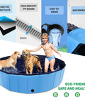 Foldable Dog Pool 79 Inch By 14 Inch Large Non Slip Outdoor Bath Tub For Dogs And Pets, blue, no inflation needed, shown with children and dogs playing