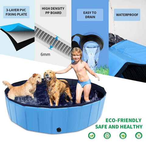 Foldable Dog Pool 79 Inch By 14 Inch Large Non Slip Outdoor Bath Tub For Dogs And Pets, blue, no inflation needed, shown with children and dogs playing