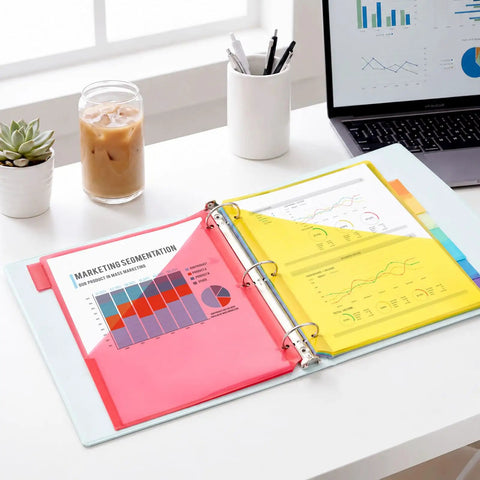 Eight Tab Dividers With Pockets For 3 Ring Binder placed on desk with colorful documents in pockets, dual pocket subject dividers letter size 8.5x11 includes 40 paper tabs bright color set ultra handy for school office and home use.