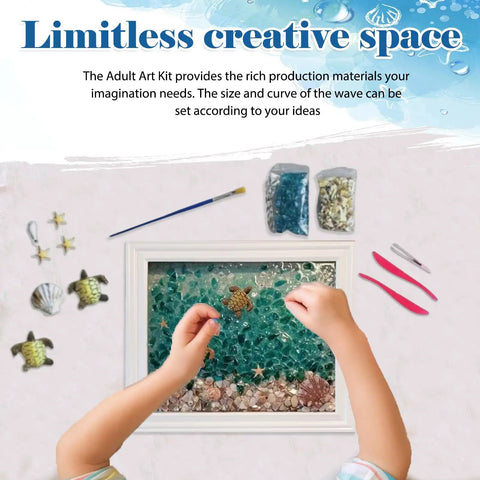 DIY Mosaic Kit For Adults With Sea Glass And Resin, Turtle Design in frame, hands creating mosaic art, tools and materials visible