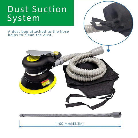 Dual Action Pneumatic Sander With Vacuum Extraction, 5 Inch And 6 Inch Pads, Self Vacuum Dust Removal, shown with dust bag and hose