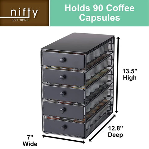 Boss Level Coffee Pod Drawer In Black Satin Finish Ideal For K Cups Up To 90 Pods, 5-Tier XXL Countertop Organizer dimensions