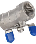3/8 Inch Full Port Stainless Steel Ball Valve Featuring A Workhorse Grade Crush Proof Body Engineered For Zero Drag Flow And Heavy Duty Water Oil Gas Setup Built Like A Tank With Genuine 304 Alloy For Smooth Trouble Free Operation, close-up view showing blue handle.