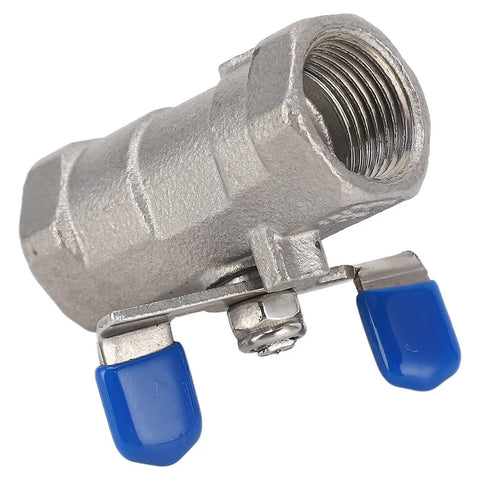 3/8 Inch Full Port Stainless Steel Ball Valve Featuring A Workhorse Grade Crush Proof Body Engineered For Zero Drag Flow And Heavy Duty Water Oil Gas Setup Built Like A Tank With Genuine 304 Alloy For Smooth Trouble Free Operation, close-up view showing blue handle.